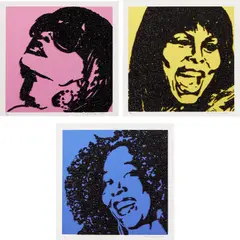 Trois Divas (A E I O U and sometimes Y) by Mickalene Thomas, 2009, The complete set of three screenprints in colors with hand-applied rhinestones, on Museum Board, with full margins,, sold Apr 2022