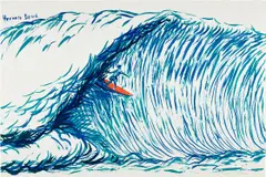 Untitled (Hermosa Beach) by Raymond Pettibon, 2019, Monumental lithograph with hand-coloring, on Saunders paper, the full sheet, sold Apr 2022