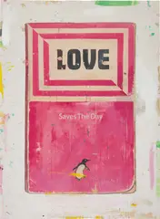 Love Saves The Day by Harland Miller, 2015, Monumental unique screenprint with extensive hand-coloring, on wove paper, the full sheet, sold Apr 2022