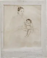 Nursing (see B. 135 ) by Mary Cassatt, 1890, Drypoint in dark brown, with significant burr and selective wiping, on Arches laid paper, with margins, sold Apr 2022