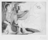 Pablo Picasso, Peintre au travail (Peintre barbu avec modèle nu et un spectateur) (Painter at Work, Bearded Painter with Nude Model and a Spectator) (B. 1122, Ba. 1116), 1963, Etching, drypoint and aquatint, on Rives BFK paper, with full margins