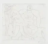 Pablo Picasso, Homme nu avec femme ivre et jeune flûtiste (Naked Man with a Drunk Woman and Young Flautist) (B. 773, Ba. 949), 1955/1961, Etching, on Arches paper, with full margins