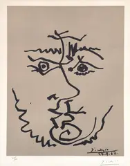 Visage (Face) by Pablo Picasso, 1967, Lithograph in cream and black, on Rives BFK paper, with margins, sold Apr 2022