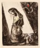 Marc Chagall, Jeremiah in the Pit, plate 102, from The Bible Series (see C. bks 30), 1958, Etching and aquatint with hand-coloring in watercolor, on Arches paper, with full margins