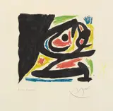 cover for Maîtres-Graveurs Contemporains (Contemporary Master Engravers) (M. 682, C. bks 132) by Joan Miró, 1970, Lithograph in colors with hand addition in the margin, on Arches paper, with full margins, sold Apr 2022