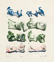 Eight Reclining Figures (C. 97) by Henry Moore, 1967, Lithograph in colors, on Japan paper, with full margins, sold Apr 2022