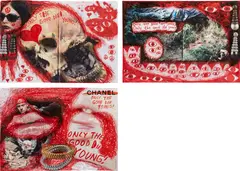 Thomas Hirschhorn, Untitled; Untitled; and Untitled (Only the Good Die Young), 1999, Three ballpoint pen and marker drawings on collage, each contained in plastic foil with adhesive tape on the reverse