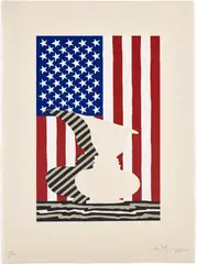 Untitled (Flag & Vase) by Jasper Johns, 2000, Linocut in colors, on handmade Kurotani Mitsumata paper, with full margins, sold Oct 2022