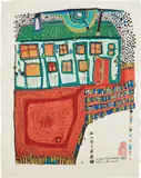 Blood garden house (K. 63) by Friedensreich Hundertwasser, 1975, Woodcut in colors with metallic gold imprint, on Japanese paper, with full margins, sold Oct 2022