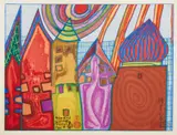 Waiting houses, from Nana Hyaku Mizu (K. 37) by Friedensreich Hundertwasser, 1969, Woodcut in colors, on Japanese paper, with margins, sold Oct 2022