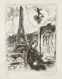 Marc Chagall, Le Peintre à la Tour Eiffel (The Painter at the Eiffel Tower) (M. 949), 1979, Lithograph in colors, on Japon nacré paper, with full margins