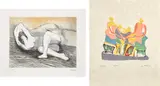 Henry Moore, Shelter Sketchbook (Two Seated Women); and Sketchbook 1928 The West Wind Relief (C. 85, and C. 573), 1967 and 1979-80, Shelter Sketchbook (Two Seated Women) , the complete set of 80 facsimile collotypes and one original lithograph in colors, on Japon nacré, with title, justification and text in English by Henry Moore, all contained in the original crimson cloth-covered portfolio, together with Sketchbook 1928 The West Wind Relief , the complete set of one etching and aquatint in colors, on Arches paper, with full margins, loose (as issued), and a facsimile sketchbook with accompanying catalogue, all contained in the original green paper-covered portfolio