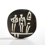 Trois personnages sur tremplin (Three Figures on Trampoline) (R. 374) by Pablo Picasso, 1956, White earthenware ceramic plaque with black engobe and white glaze; ceramic, Madoura edition, sold Oct 2022