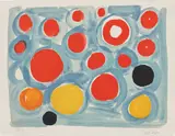 Untitled (Blue Background with Red, Yellow and Black Circles) by Alexander Calder, 1969, Lithograph in colors, on Arches paper, with full margins, sold Oct 2022