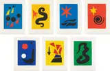 Alexander Calder, Fêtes (Holidays), 1971, The complete set of seven aquatints plus the cover in colors, on Arches paper, loose and folded (as issued), with title page and text by Jacques Prévert, contained in the original red linen-covered portfolio