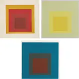 Hommage au Carré (Tribute to the Square): three plates (D. 160.1, 160.10, 160.11) by Josef Albers, 1965, Three screenprints in colors, on J. Perrugot Arches Special MBM paper, with margins, trimmed at the sheet edges, sold Oct 2022
