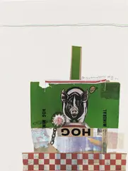 Hog Chow, from Chow Bags by Robert Rauschenberg, 1977, Screenprint in colors with white thread stitching, on smooth wove paper, the full sheet, sold Oct 2022