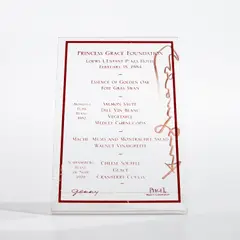 Princess Grace Foundation Menu, signed by Andy Warhol by Andy Warhol, Screenprint in red on original clear Plexiglas Loews L'Enfant Plaza Hotel standing menu, sold Oct 2022