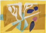 Jessica Stockholder, Untitled/IPCNY, 2001, Woodcut in colors, with embossing, faux fur, yellow Lake Como silk and upholstery, on Twinrocker paper, the full sheet