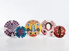 Judy Chicago, The Dinner Party (five plates), 2018, Five bone china plates in colors, each contained within the original card presentation boxes