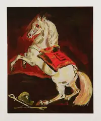 the sparkly Lippazanner at the battle of austerlitz by Karen Kilimnik, 2009, Giclée print in colors with hand-applied glitter, on Sunset Cotton Etching paper, with full margins, sold Oct 2022