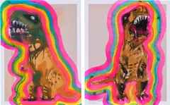 Liz Markus, Blue Faced T-Rex with Auras 01; and Jaws T-Rex with Auras 01, 2020, Two archival pigment prints in colors with hand coloring in acrylic, on wove paper,
