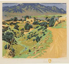 Ranchos de Taos (C. 133) by Gustave Baumann, 1930/1948, Woodcut in colors, on Zanders laid paper watermarked with 'Hand-in-Heart', with margins, sold Jun 2022