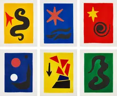 Fêtes (Holidays) by Alexander Calder, 1971, The complete set of seven etchings plus the cover in colors, on Arches paper, loose and folded (as issued), with title p, sold Jun 2022