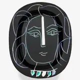 Visage de femme (Woman's face) (R. 220) by Pablo Picasso, 1953, White earthenware rectangular dish, incised and painted in colors, with brushed glaze; ceramic, Madoura edition, offered Jun 2022