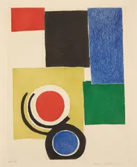 Untitled (Composition with Rectangles, Circles and Semicircles) by Sonia Delaunay, 1970, Etching and aquatint in colors, on Arches paper, with full margins, sold Jun 2022