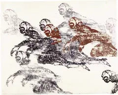 Nancy Spero, Crawling Woman, 1984, Hand-printed linocut in colors, on rice paper, the full sheet