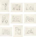 Alexander Calder, Untitled (Santa Claus I - IX), 1974, The complete set of nine etchings on Richard de Bas paper, with full margins, with title page, justification and text by E. E. Cummings on Arches paper, the sheets loose (as issued), all contained in the original brown paper folder and beige linen-covered portfolio with stamped signature, title and image