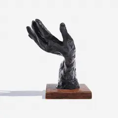 Left Hand by Mary Frank, c. 1960, Unique bronze cast with brown patina, affixed to wooden base, sold Jun 2022