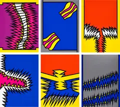 Fire/Flash/Fire/Fade by Nicholas Krushenick, 1971, The complete set of six screenprints in colors, on thin white card, the full sheets, sold Mar 2022