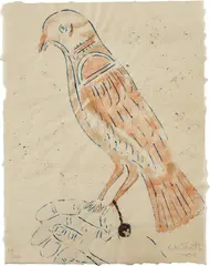 Parrot by Kiki Smith, 2006, Stenciled acrylic paint and platinum leaf in colors, on overbeaten flax paper, the full sheet, sold Mar 2022