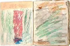 The Mind of Me the Artist by Purvis Young, 1984, Paint, pastel and ink drawings collaged to bound book pages with five loose marker and ink drawings, sold Mar 2022