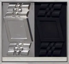 Two Wrist Watches by Joe Tilson, 1965, Vacuum-formed polystyrene in chromium plating and black flocking, contained in the original silver metal artist's frame, sold Mar 2022
