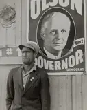 Kern County, California (Olson for governor) by Dorothea Lange, 1938, Gelatin silver print, probably printed 1950s, sold Oct 2022