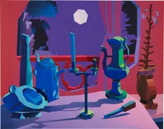 Virtual Characters, Domestic Landscape by Jonathan Chapline, 2017, acrylic and Flashe on panel, sold Mar 2021