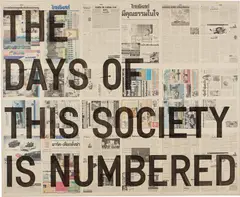 Untitled (THE DAYS OF THIS SOCIETY IS NUMBERED) by Rirkrit Tiravanija, 2014, acrylic and newspaper collage on canvas, sold Mar 2021