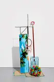 Adriano Costa, Banhista - Das G.O.D Captivator, 2013, printed fabric, dreamcatcher, plastic water crates, natural fiber mat, fabric-coated balls and metal frame