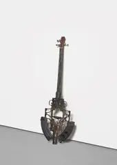 Pedro Reyes, Guitarra, 2013, destroyed firearms, guitar strings, tuning pegs, electronic bridge, wiring and knobs