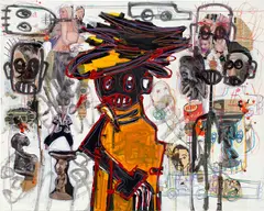 Aboudia, Untitled, 2013, acrylic and printed paper collage on canvas