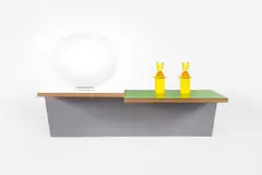 Untitled (2 toothpick holders, lamp) by Haim Steinbach, 2001, plastic laminated wood shelf, 2 Magic Bunny toothpick holders and glass lamp, sold Mar 2021