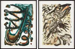 Josh Smith, Two Works: (i) Untitled; (ii) Jumping Fish (VII), 2009, monotype on Plike buff paper
