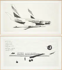 Aleksandra Mir, Two works: (i) Airplanes #21 (Ethiopian); (ii) Airplanes #1 (Xiamen Airlines), 2005, ink and Sharpie marker on paper
