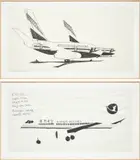 Aleksandra Mir, Two works: (i) Airplanes #21 (Ethiopian); (ii) Airplanes #1 (Xiamen Airlines), 2005, ink and Sharpie marker on paper