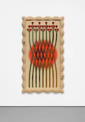 Orion Martin, Nombreflad Glycerin Bloom, 2017, oil, MDF-inlaid driftwood, drumsticks and automotive paint on canvas, in artist's frame