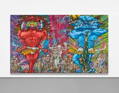 Takashi Murakami, Red Demon and Blue Demon with 48 Arhats, 2013, acrylic, gold and platinum leaf on canvas mounted on board, in 5 parts