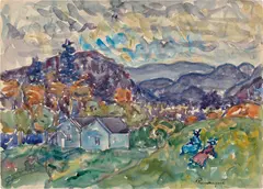 Double-sided work: (i) New Hampshire Scene ; (ii) Untitled (Trees and Houses) by Maurice Brazil Prendergast, 1910–1913, watercolor and pencil on paper, sold Jun 2021
